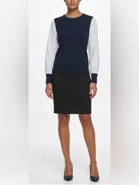 DKNY Women’s Navy Knit Pullover White Striped Contrast Sleeve Size XS